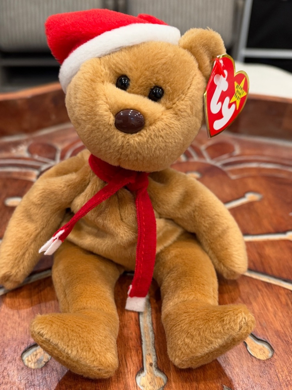 Ty Brown Bear with Red Santa Hat and Red Scarf Plush
